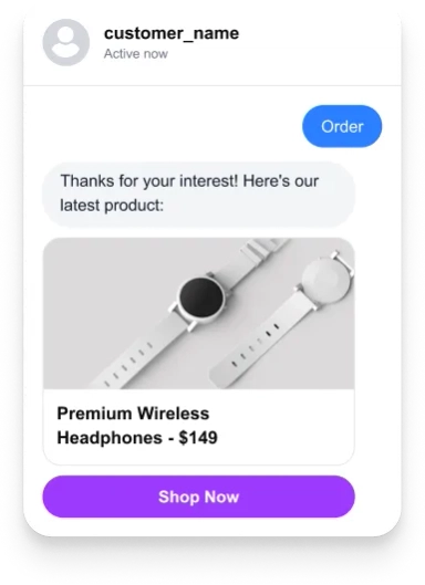 AutopubliX chat interface with order and shop now buttons AutopubliX chat interface with order and shop now buttons