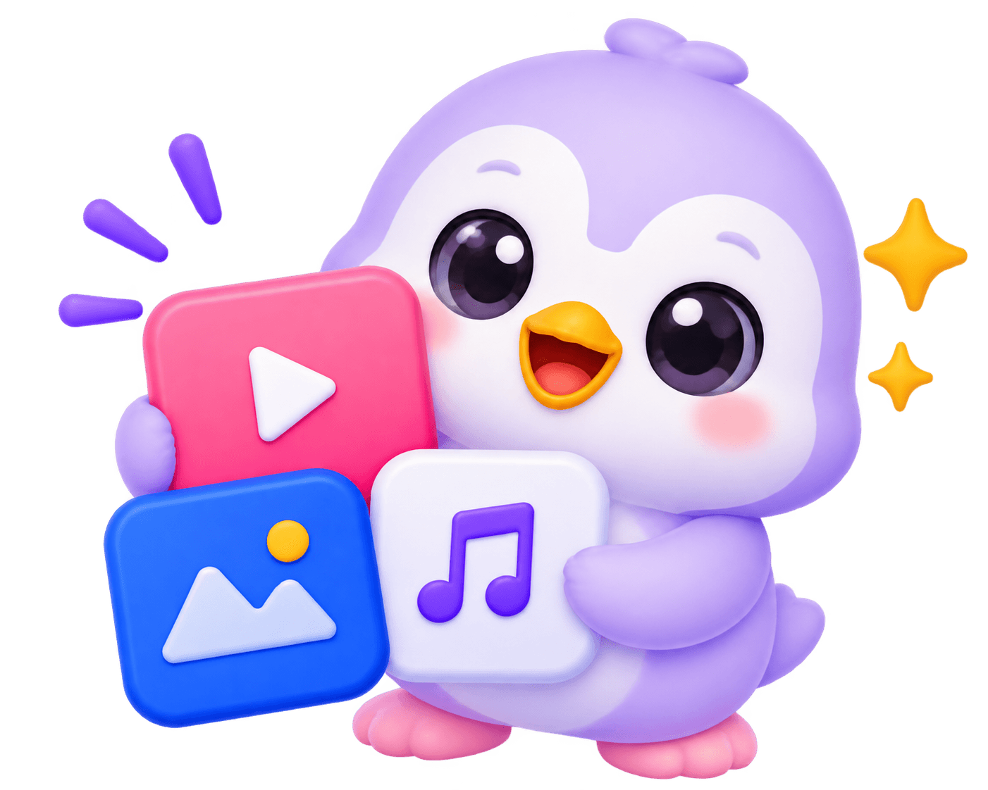 Preview the media — penguin with video, photo, and audio icons