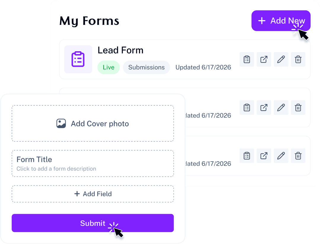 Build Powerful Custom Forms Dashboard showing a drag-and-drop form builder with custom form creation and management tools.