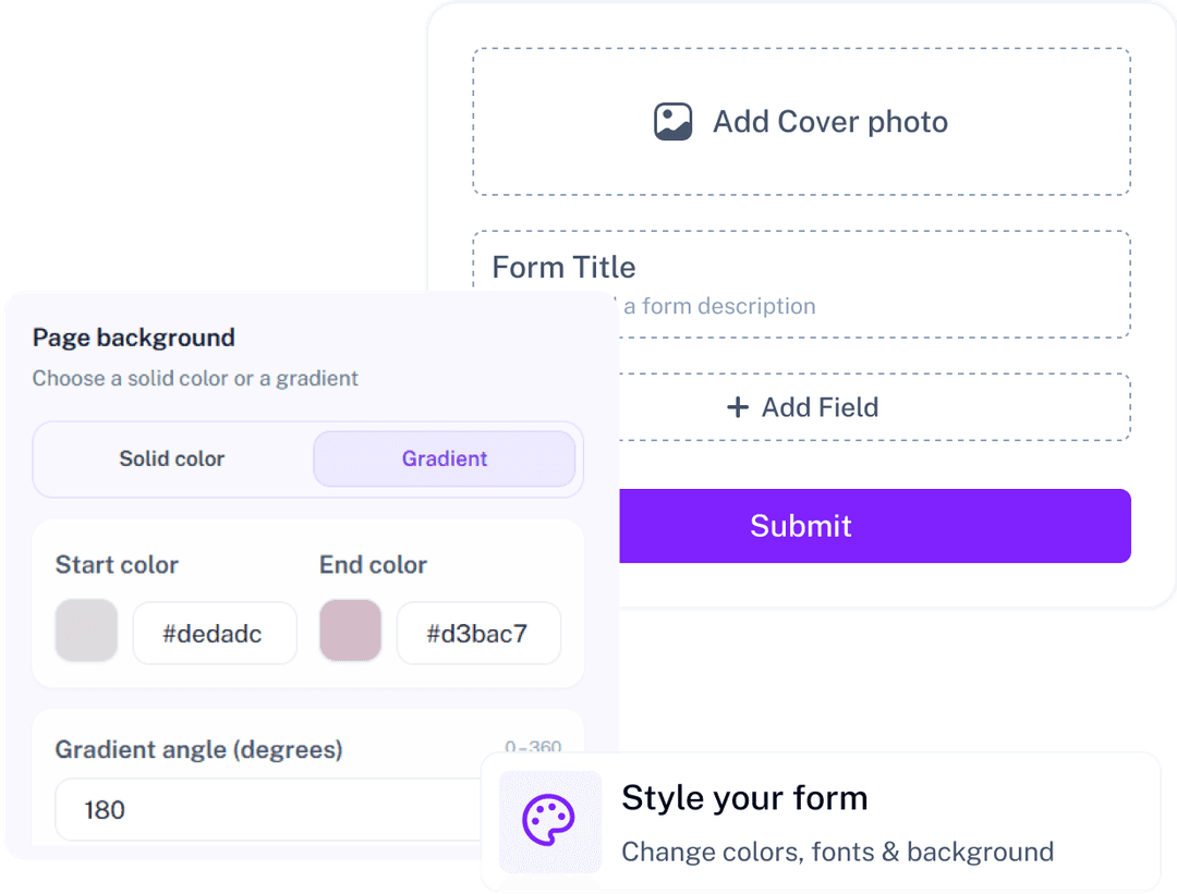 Customize Every Form Design Form customization panel with colors, gradients, fonts, and background styling options.