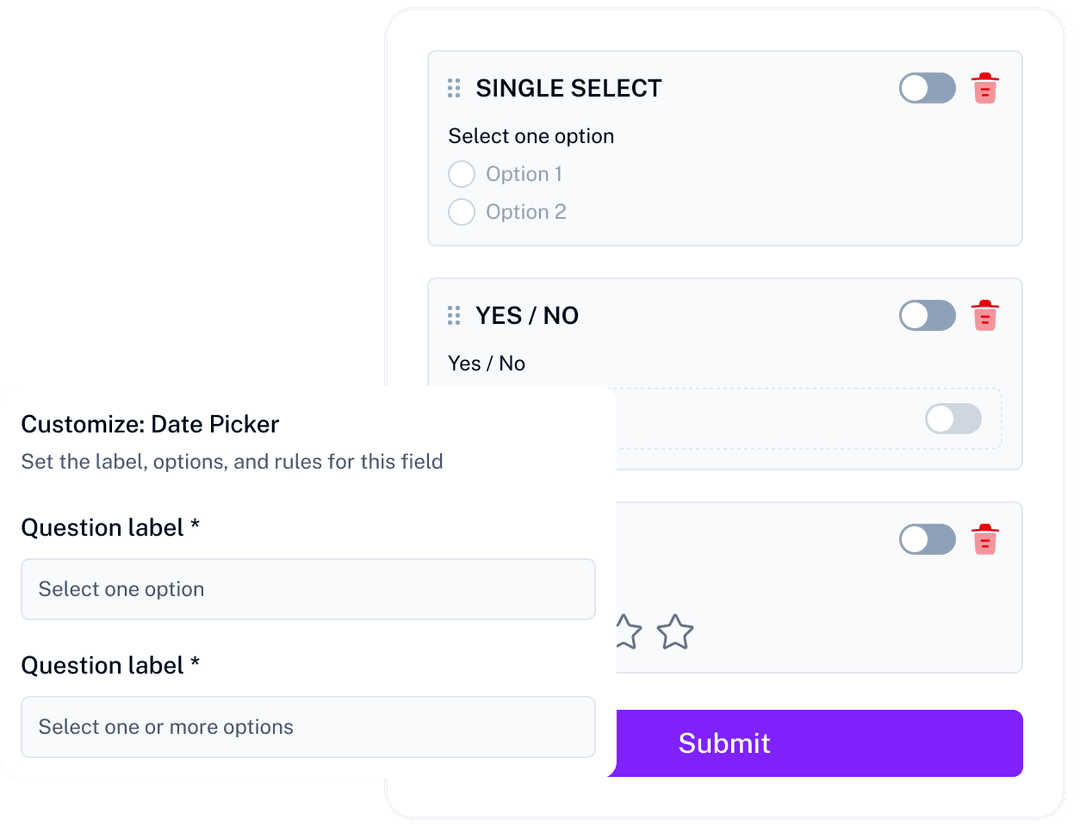 Capture Every User Choice Form builder featuring single select, multi-select, Yes/No, and rating fields for user input.